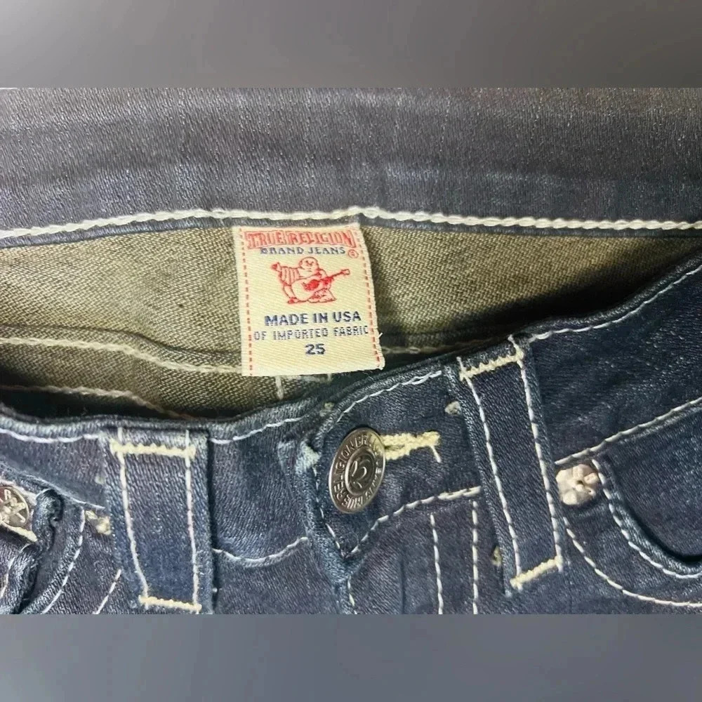 True Religion Womens Billy Big T Jeans Sz 25 Dark Blue Wash white stitch flap - Picture 5 of 7
